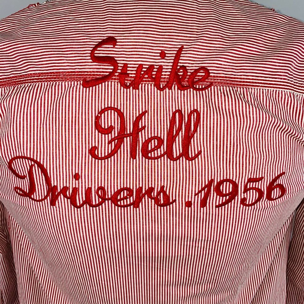 Strike Button Down Dragster Casual Dress Shirt Red Embroidery Patches - Picture 7 of 9